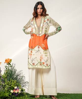 Ivory and tangerine orange embroidered organza and crepe kurta set 3
