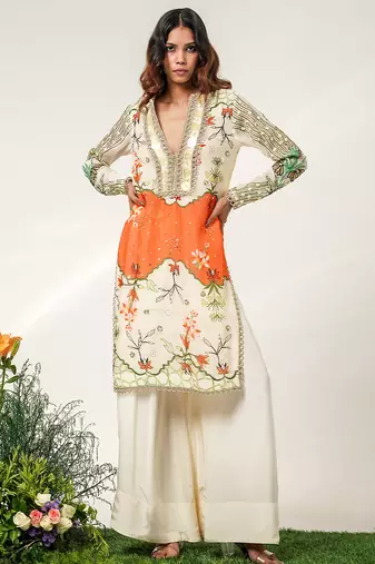 Ivory and tangerine orange embroidered organza and crepe kurta set