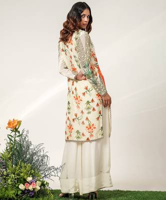 Ivory and tangerine orange embroidered organza and crepe kurta set 4