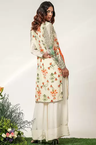Ivory and tangerine orange embroidered organza and crepe kurta set