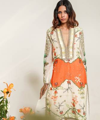Ivory and tangerine orange embroidered organza and crepe kurta set 5