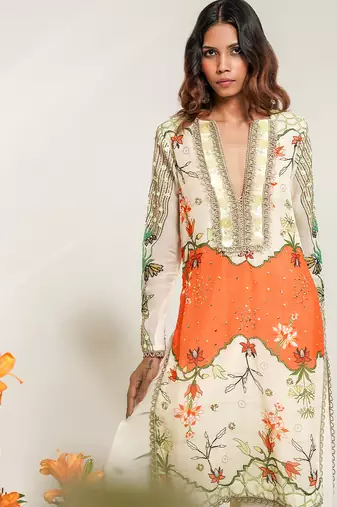 Ivory and tangerine orange embroidered organza and crepe kurta set