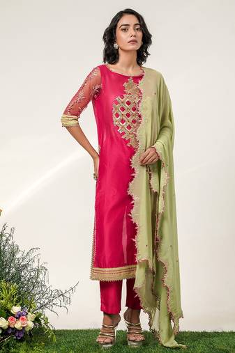 Fuchsia pink embroidered chanderi and georgette kurta set