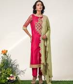 Fuchsia pink embroidered chanderi and georgette kurta set