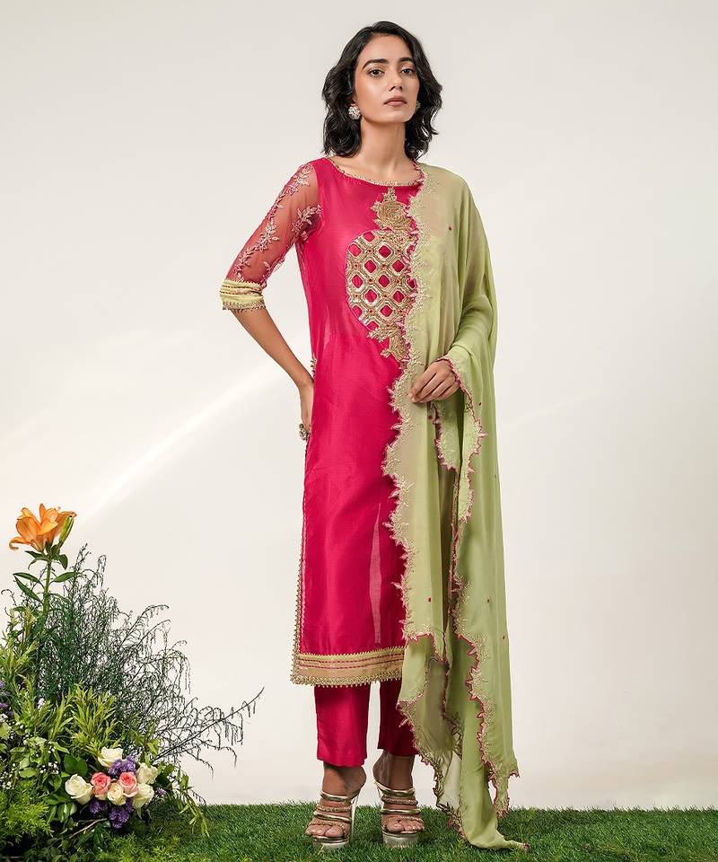 Fuchsia pink embroidered chanderi and georgette kurta set