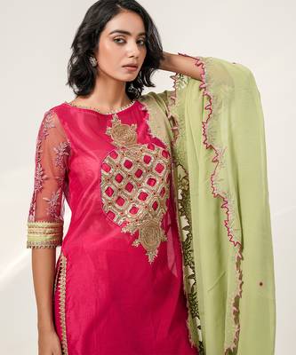 Fuchsia pink embroidered chanderi and georgette kurta set 2