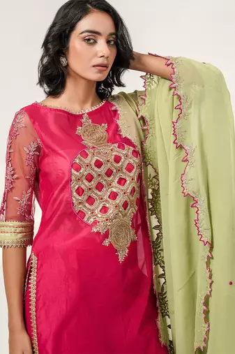 Fuchsia pink embroidered chanderi and georgette kurta set