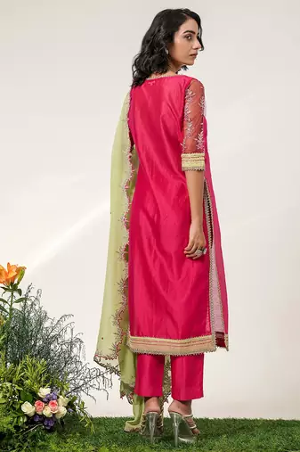 Fuchsia pink embroidered chanderi and georgette kurta set