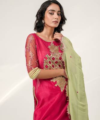 Fuchsia pink embroidered chanderi and georgette kurta set 5