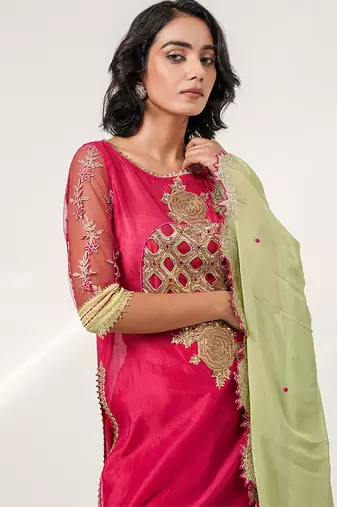 Fuchsia pink embroidered chanderi and georgette kurta set