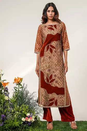 Golden and rust embroidered tissue velvet kurta pant set