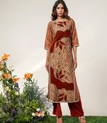 Golden and rust embroidered tissue velvet kurta pant set
