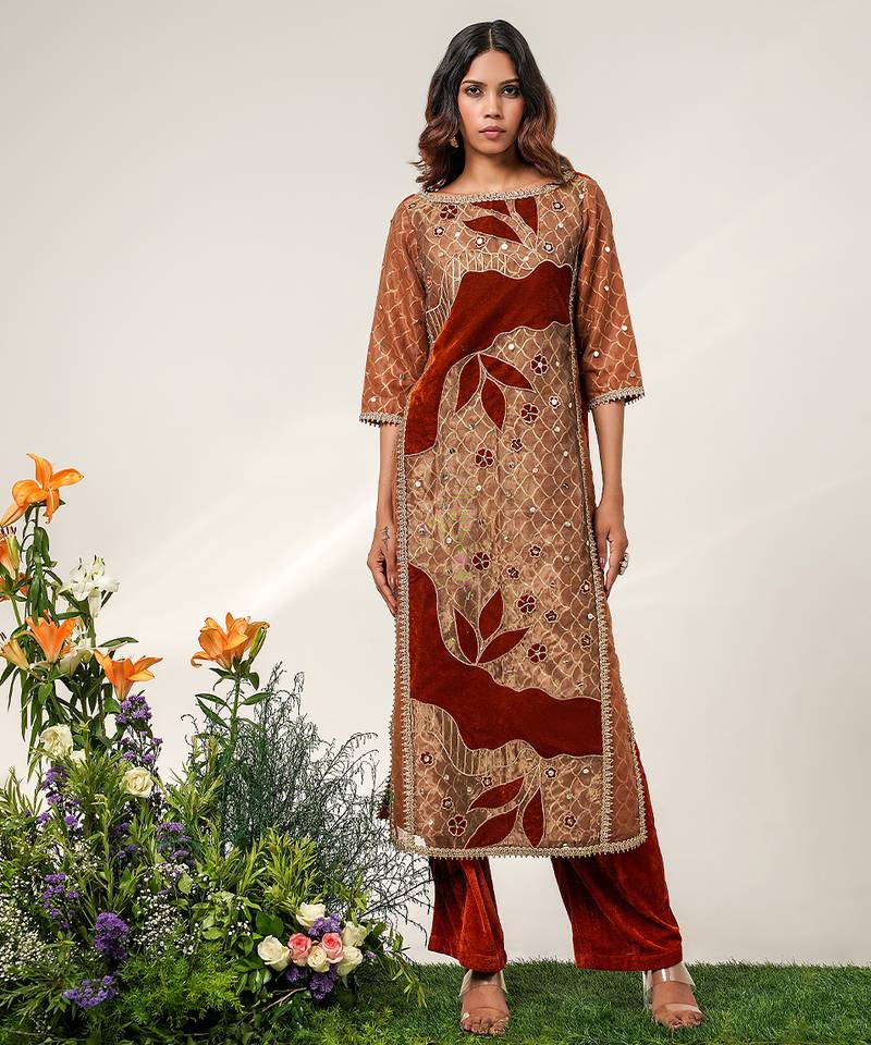 Golden and rust embroidered tissue velvet kurta pant set