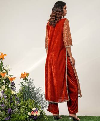 Golden and rust embroidered tissue velvet kurta pant set 2