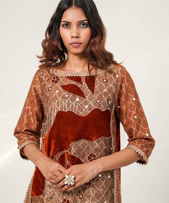 Golden and rust embroidered tissue velvet kurta pant set 3