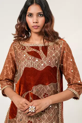 Golden and rust embroidered tissue velvet kurta pant set