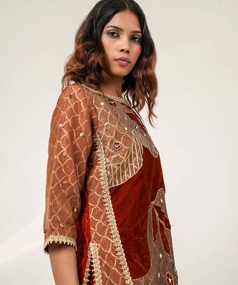 Golden and rust embroidered tissue velvet kurta pant set 5
