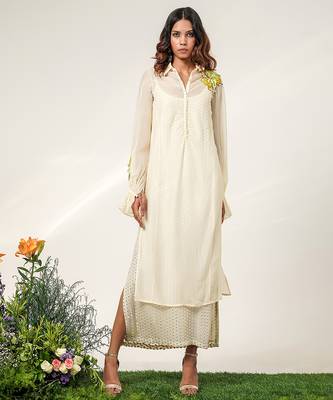 Ivory embroidered organza and georgette inner dress and kurta set 1