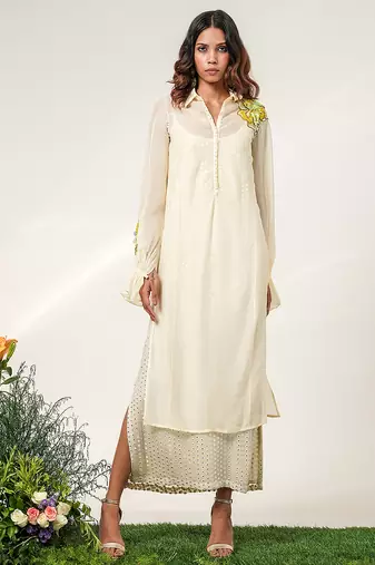 Ivory embroidered organza and georgette inner dress and kurta set