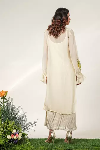 Ivory embroidered organza and georgette inner dress and kurta set