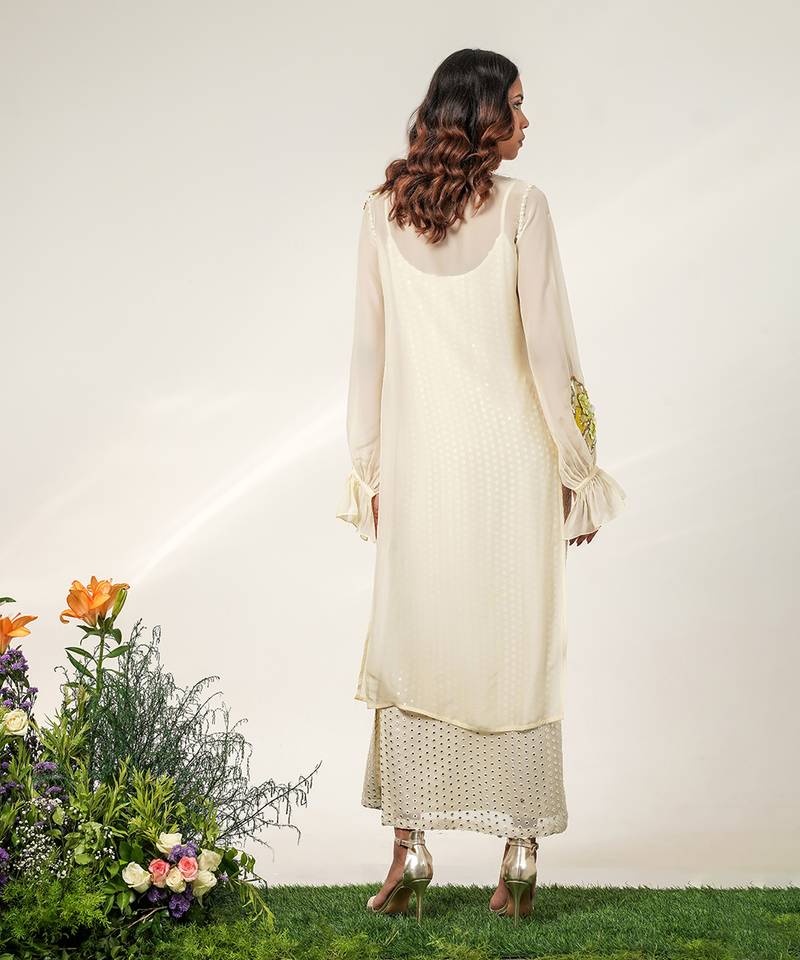 Ivory embroidered organza and georgette inner dress and kurta set