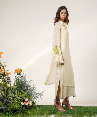 Ivory embroidered organza and georgette inner dress and kurta set 3