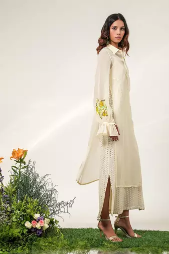 Ivory embroidered organza and georgette inner dress and kurta set