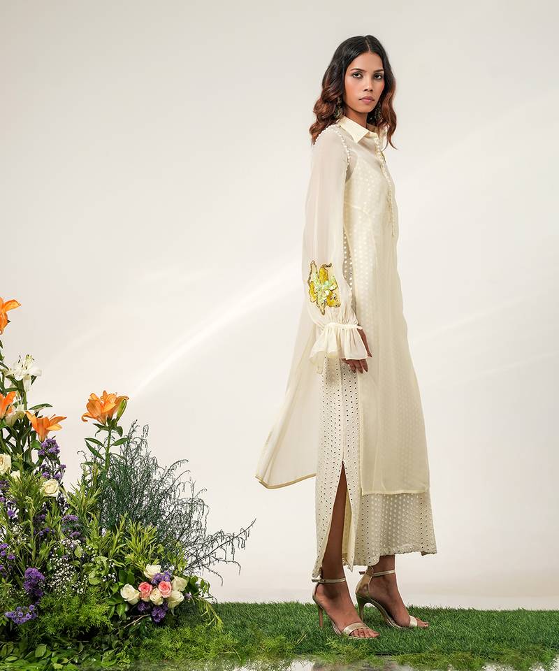 Ivory embroidered organza and georgette inner dress and kurta set