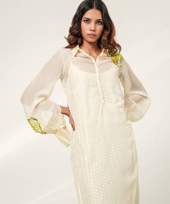 Ivory embroidered organza and georgette inner dress and kurta set 4