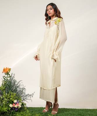 Ivory embroidered organza and georgette inner dress and kurta set 5