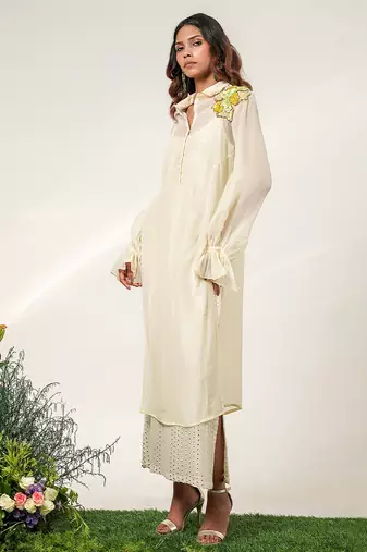 Ivory embroidered organza and georgette inner dress and kurta set