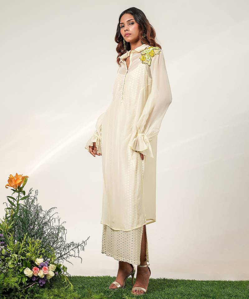 Ivory embroidered organza and georgette inner dress and kurta set