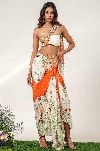 Ivory and tangerine orange embroidered crepe drape skirt set