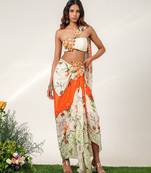 Ivory and tangerine orange embroidered crepe drape skirt set