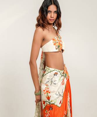 Ivory and tangerine orange embroidered crepe drape skirt set 3