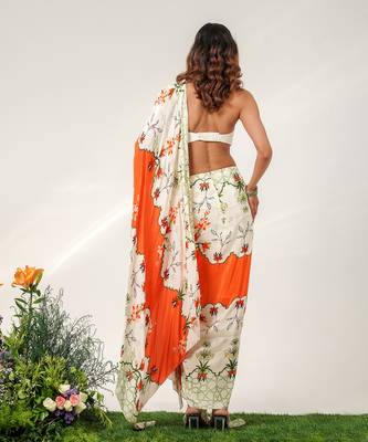 Ivory and tangerine orange embroidered crepe drape skirt set 5