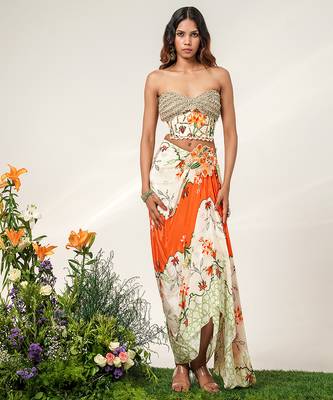 Ivory and tangerine orange embroidered crepe corset skirt set 1
