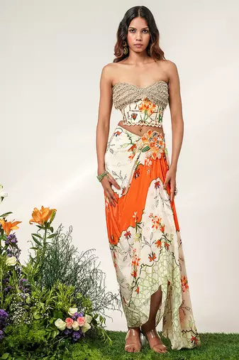 Ivory and tangerine orange embroidered crepe corset skirt set