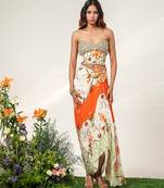 Ivory and tangerine orange embroidered crepe corset skirt set