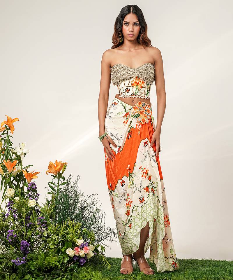 Ivory and tangerine orange embroidered crepe corset skirt set