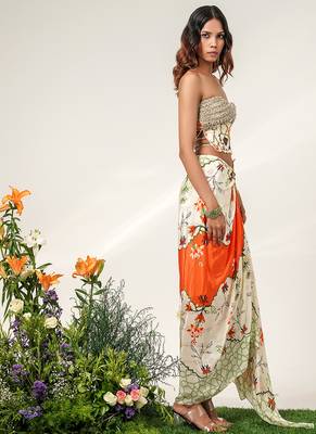 Ivory and tangerine orange embroidered crepe corset skirt set 3