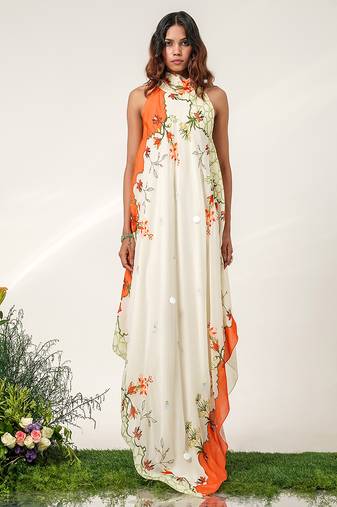 Ivory and tangerine orange embroidered crepe dress