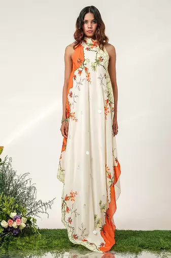 Ivory and tangerine orange embroidered crepe dress