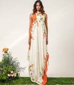 Ivory and tangerine orange embroidered crepe dress