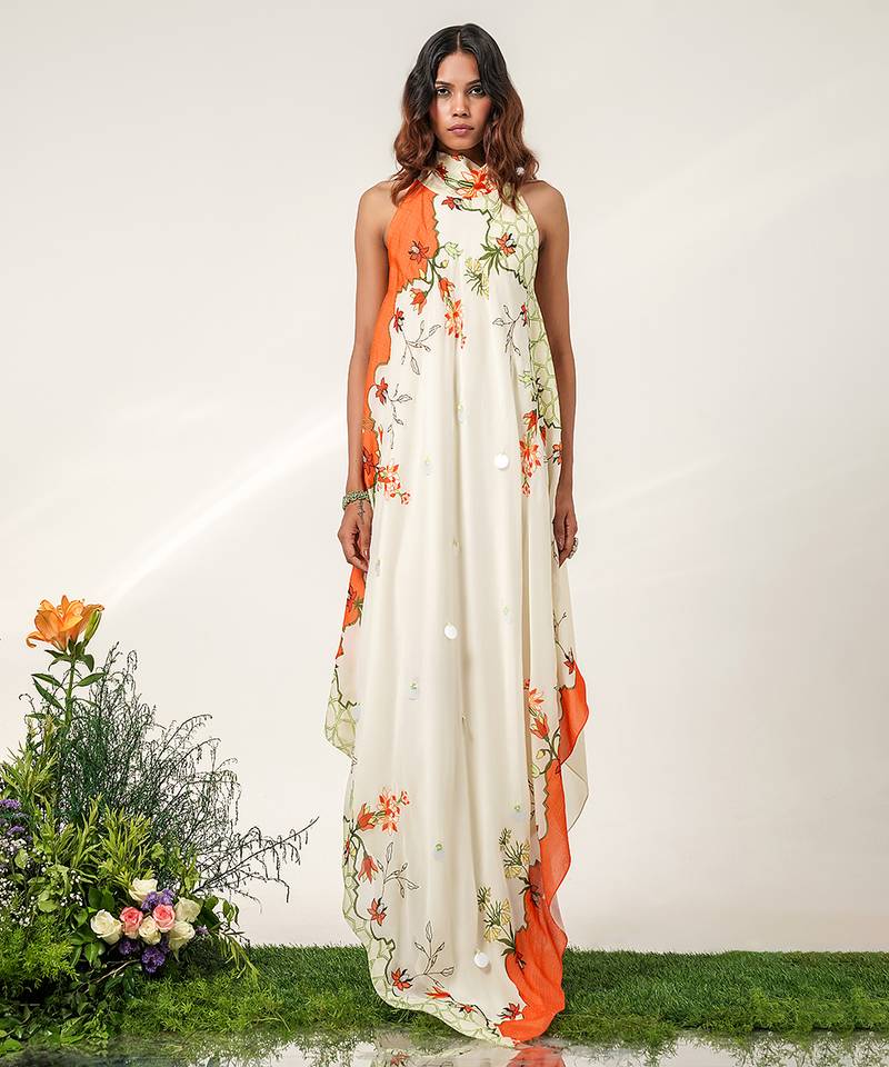 Ivory and tangerine orange embroidered crepe dress