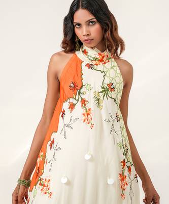 Ivory and tangerine orange embroidered crepe dress 2
