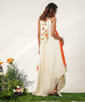 Ivory and tangerine orange embroidered crepe dress 3