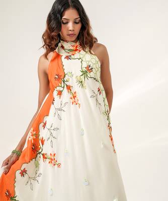 Ivory and tangerine orange embroidered crepe dress 4