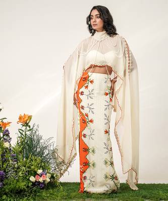 Ivory and tangerine orange embroidered organza georgette skirt set 1