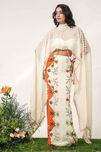 Ivory and tangerine orange embroidered organza georgette skirt set